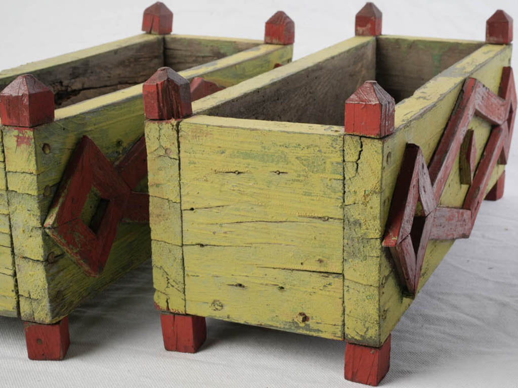 Pair of Cheerful 1940s Painted Wooden Planters in Chartreuse and Red - 15¾"