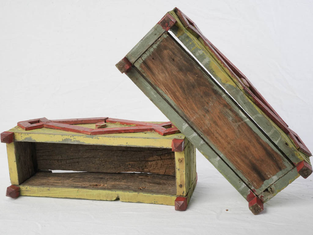 Pair of Cheerful 1940s Painted Wooden Planters in Chartreuse and Red - 15¾"