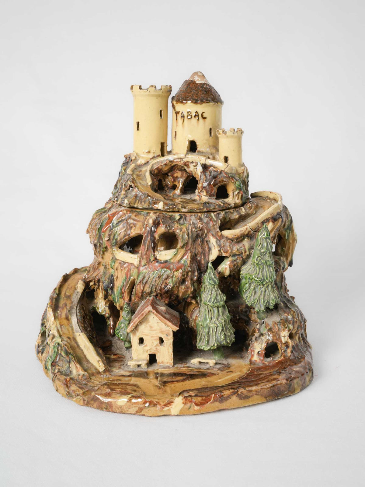 Extraordinary glazed ceramic "Tabac" jar w/ Haute Savoie village scene