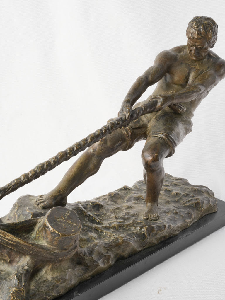 Powerful Bronze of Dockworker Hauling Mooring Line by Alexandre Ouline c. 1925 - 16¼" x 24"