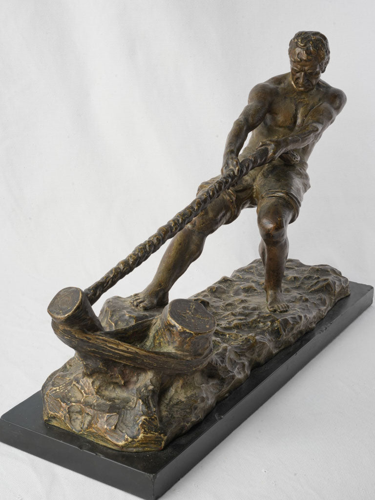 Powerful Bronze of Dockworker Hauling Mooring Line by Alexandre Ouline c. 1925 - 16¼" x 24"