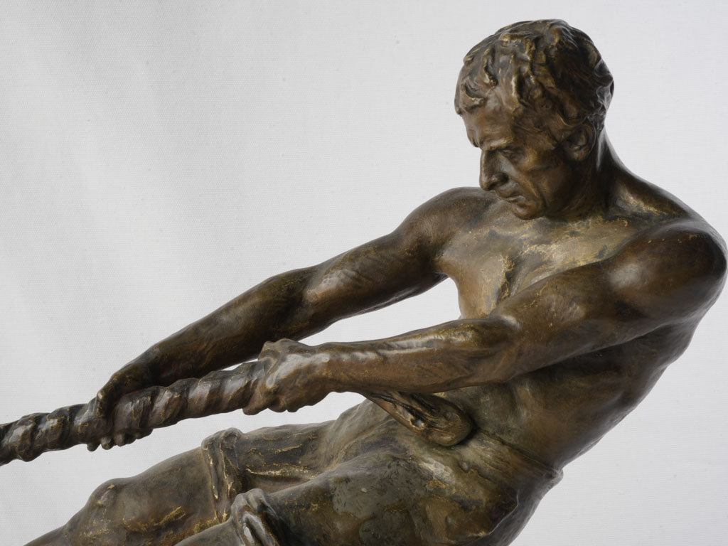 Powerful Bronze of Dockworker Hauling Mooring Line by Alexandre Ouline c. 1925 - 16¼" x 24"