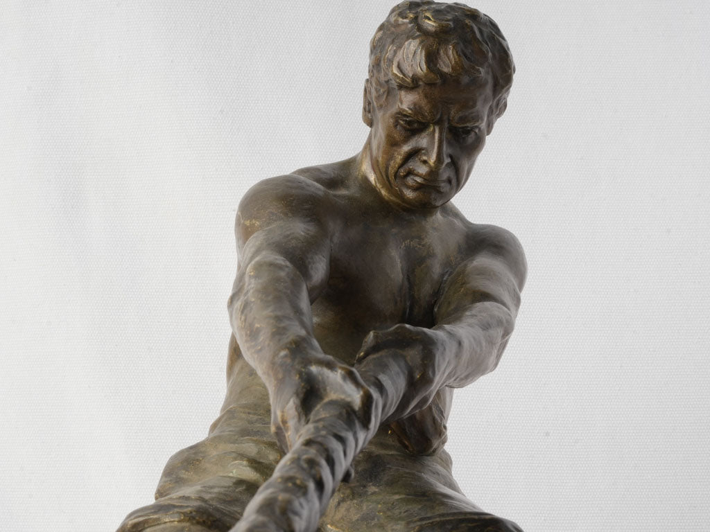 Powerful Bronze of Dockworker Hauling Mooring Line by Alexandre Ouline c. 1925 - 16¼" x 24"