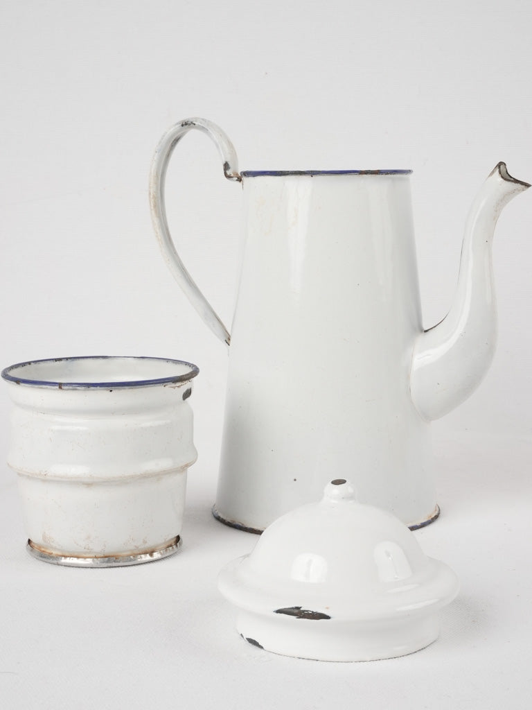Shabby-chic blue accented enamel pot