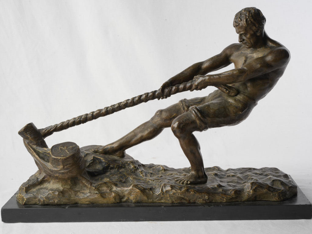 Powerful Bronze of Dockworker Hauling Mooring Line by Alexandre Ouline c. 1925 - 16¼" x 24"