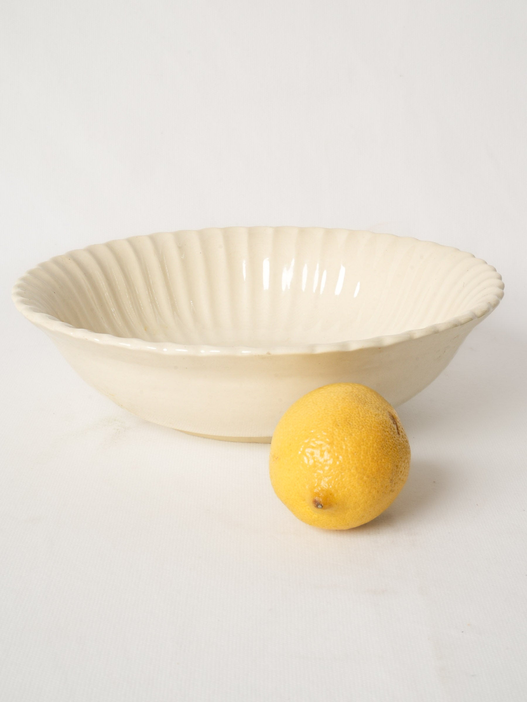 Large Vintage French Faience Salad Bowl with Scalloped Rim 11"
