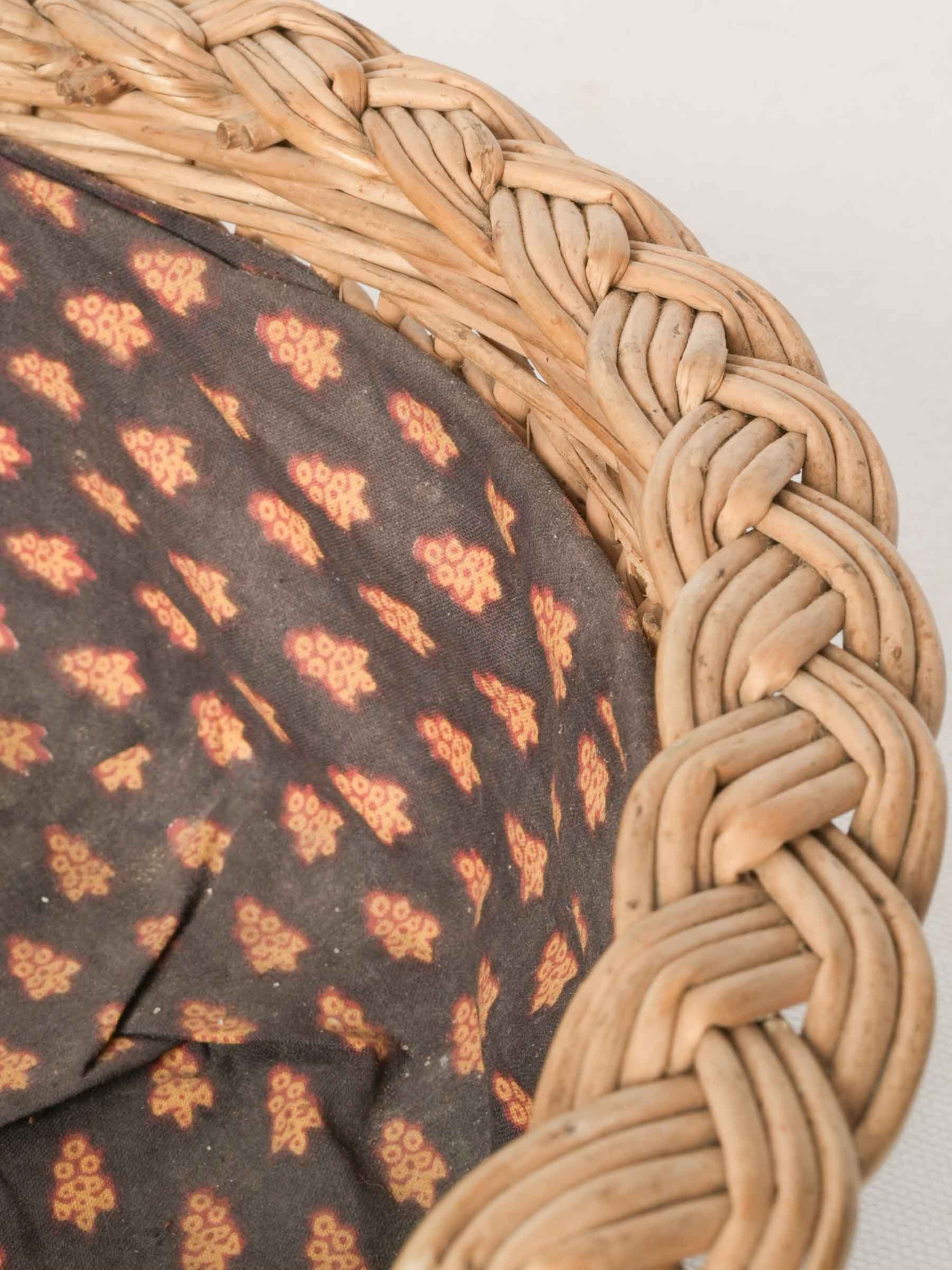 Vintage French Wicker Bread Basket with Patterned Cotton Lining 11¾"