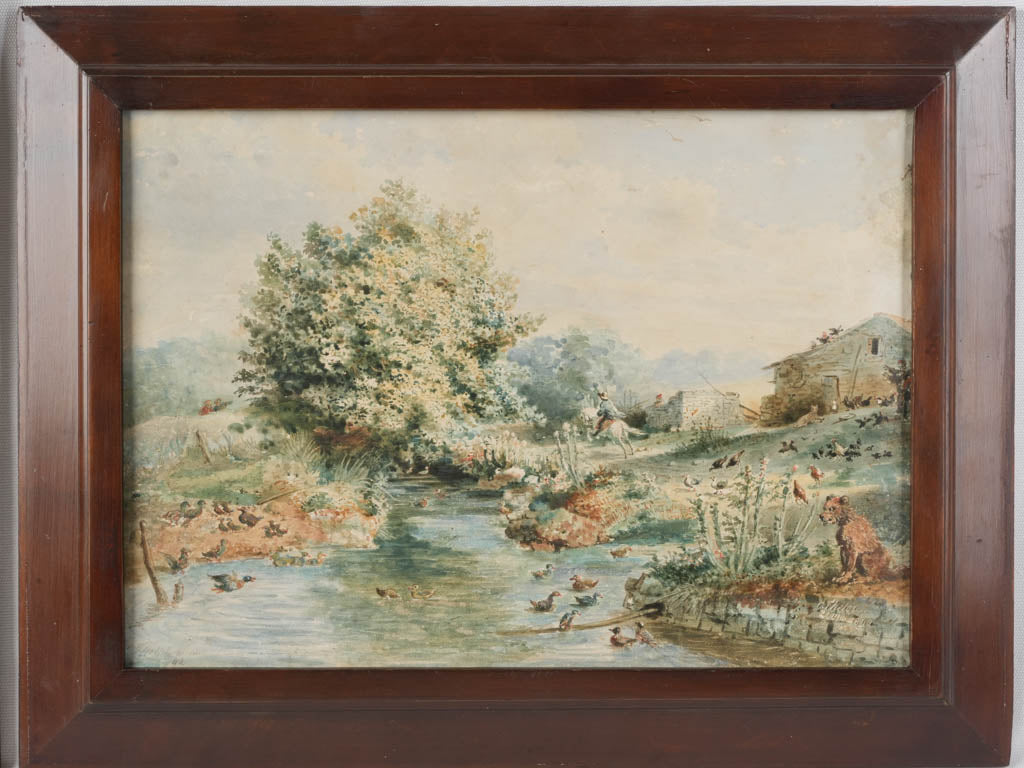 Handsome Pair of 19th Century French Landscape Watercolors in Wooden Frames Dated 1840 - 17" x 22"