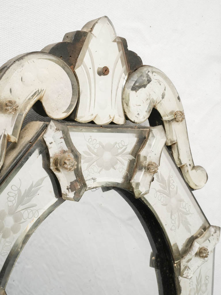Beveled glass, floral-engraved mirror