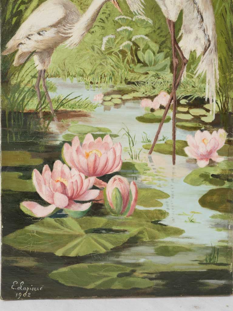 Tall French Decorative Panel w/ Herons and Waterlilies Dated 1902 - 36½" x 13"