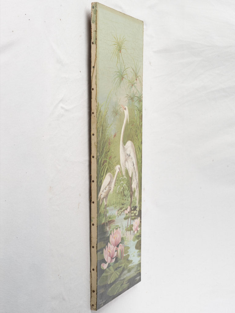 Tall French Decorative Panel w/ Herons and Waterlilies Dated 1902 - 36½" x 13"