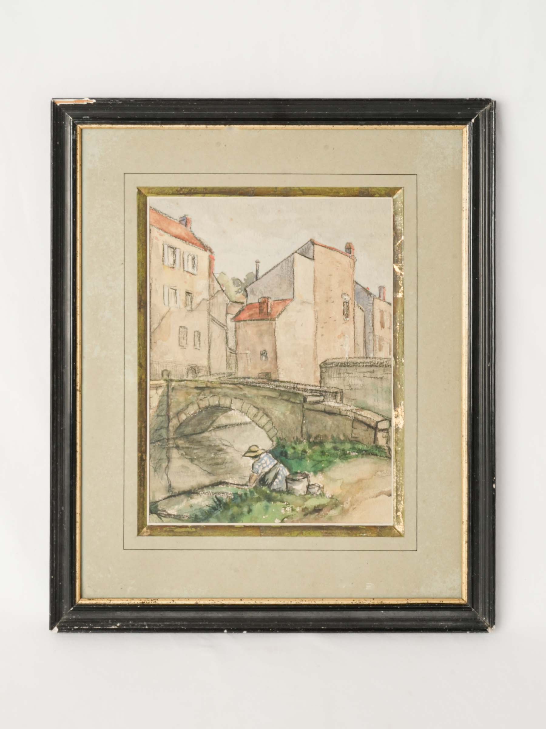 Antique French Watercolor Village Scene in Black Gilt Frame 20½" x 17¼"