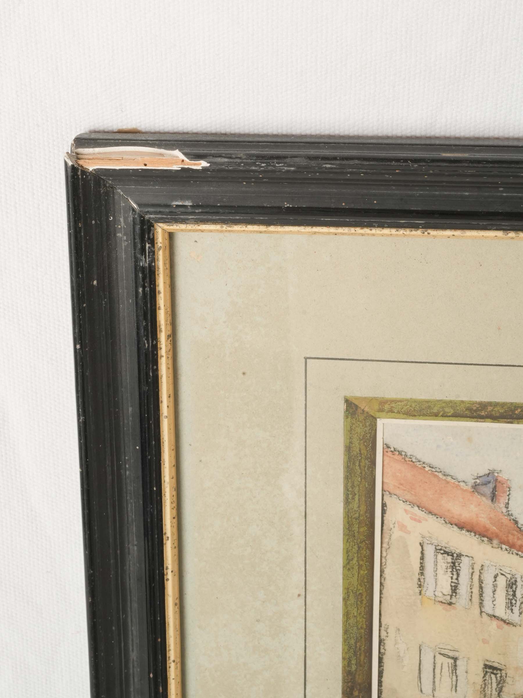 Antique French Watercolor Village Scene in Black Gilt Frame 20½" x 17¼"