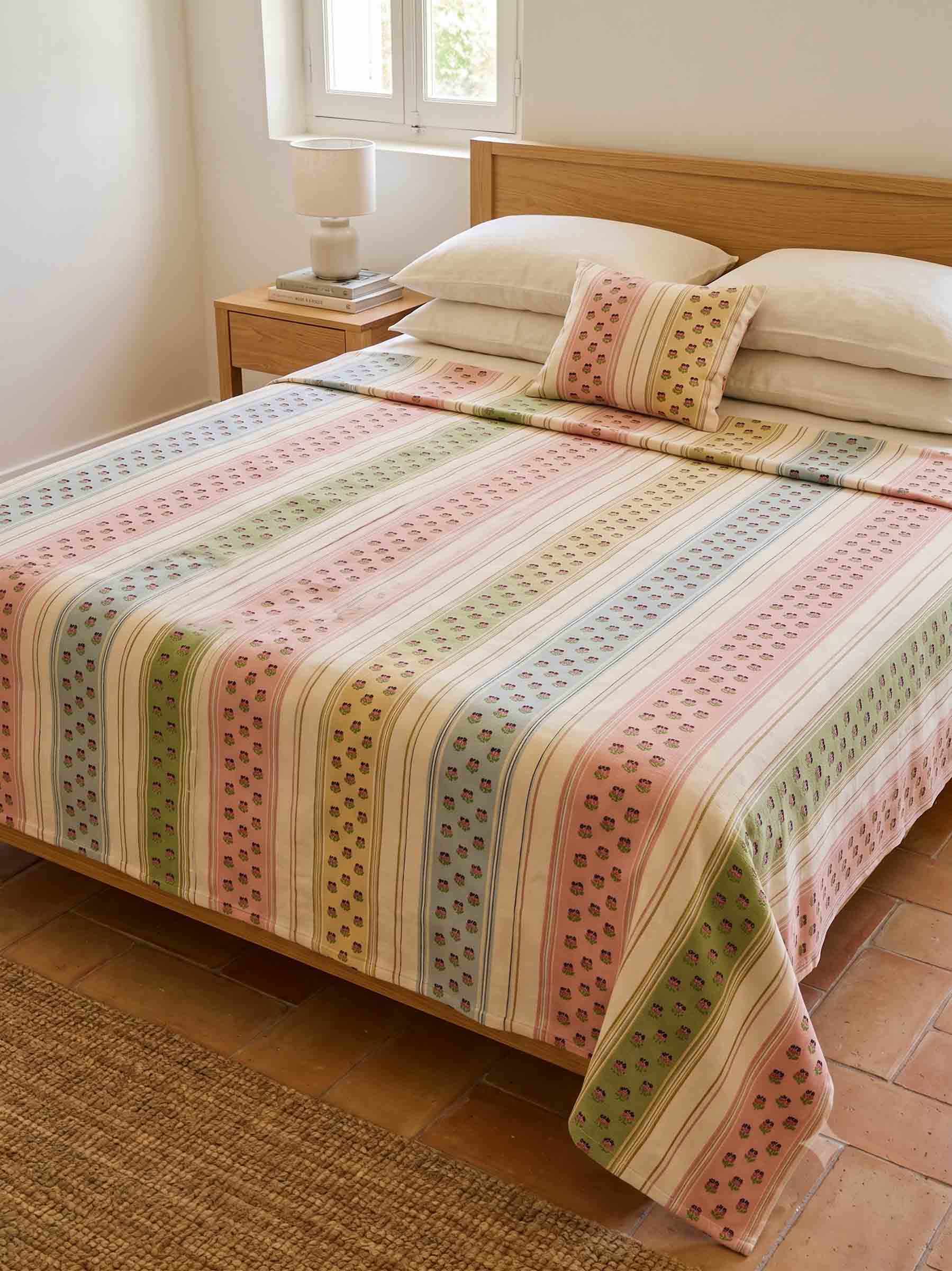 Bespoke Pillow and Bedspread Set - Pink Blue and Green Striped
