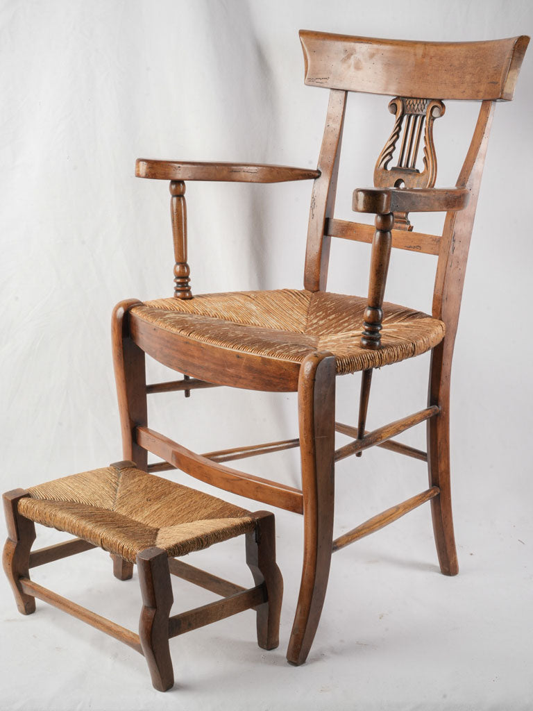 Late 19th Century Provençal Lyre-Back Armchair and Footstool w/ Rush Seat - 35"