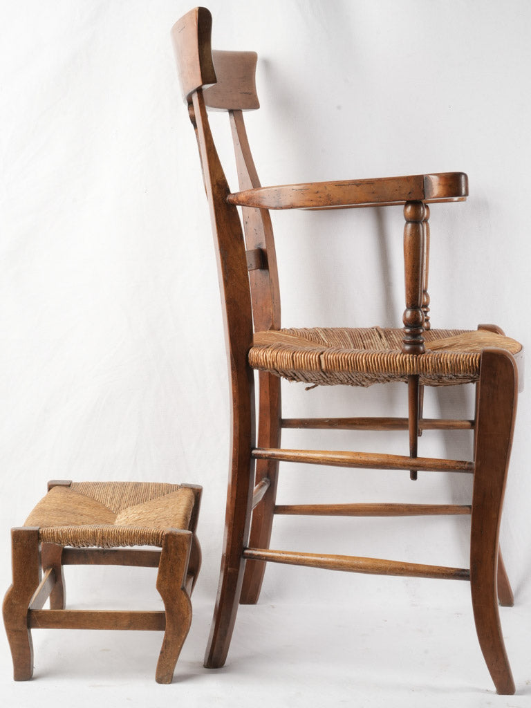 Late 19th Century Provençal Lyre-Back Armchair and Footstool w/ Rush Seat - 35"