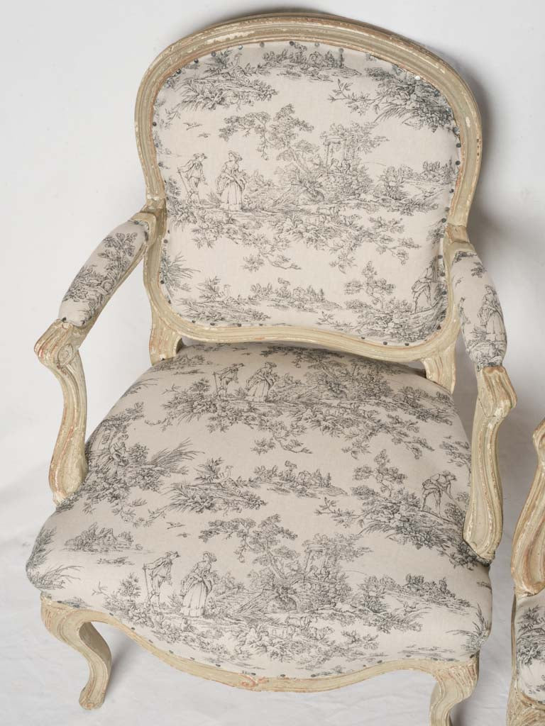 Pair of French Louis XV Style Queen-Back Armchairs c. 1900 - 33½"