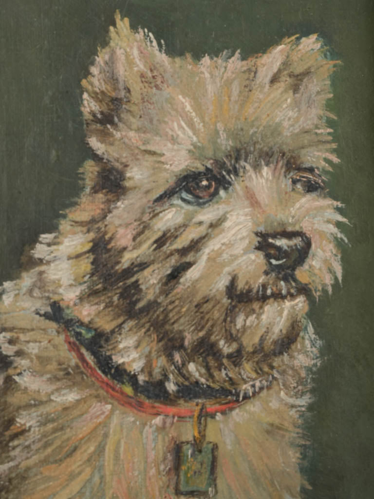 Weathered wood-framed dog portrait