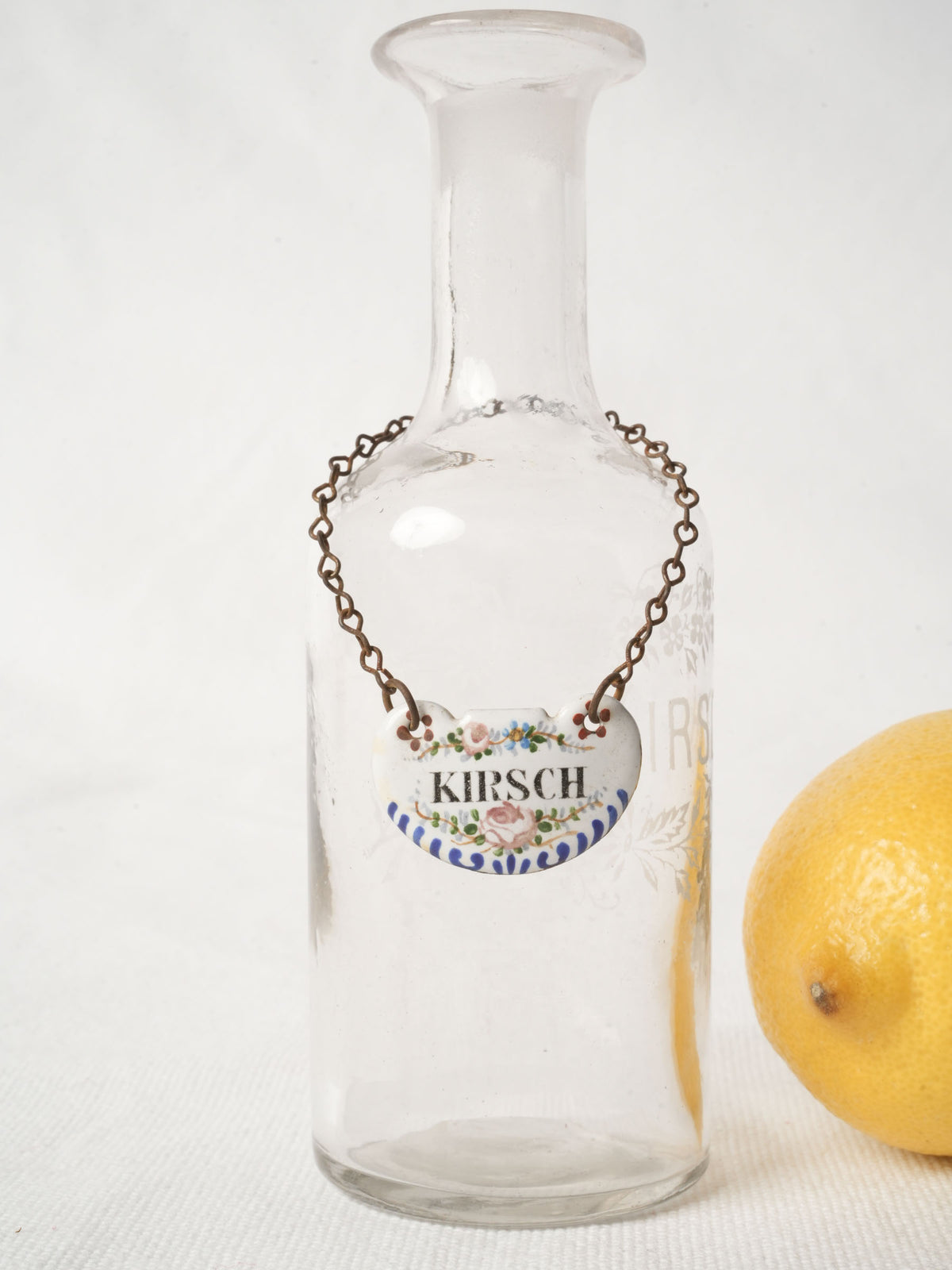 Vintage French Glass Kirsch Decanter with Enamel Label