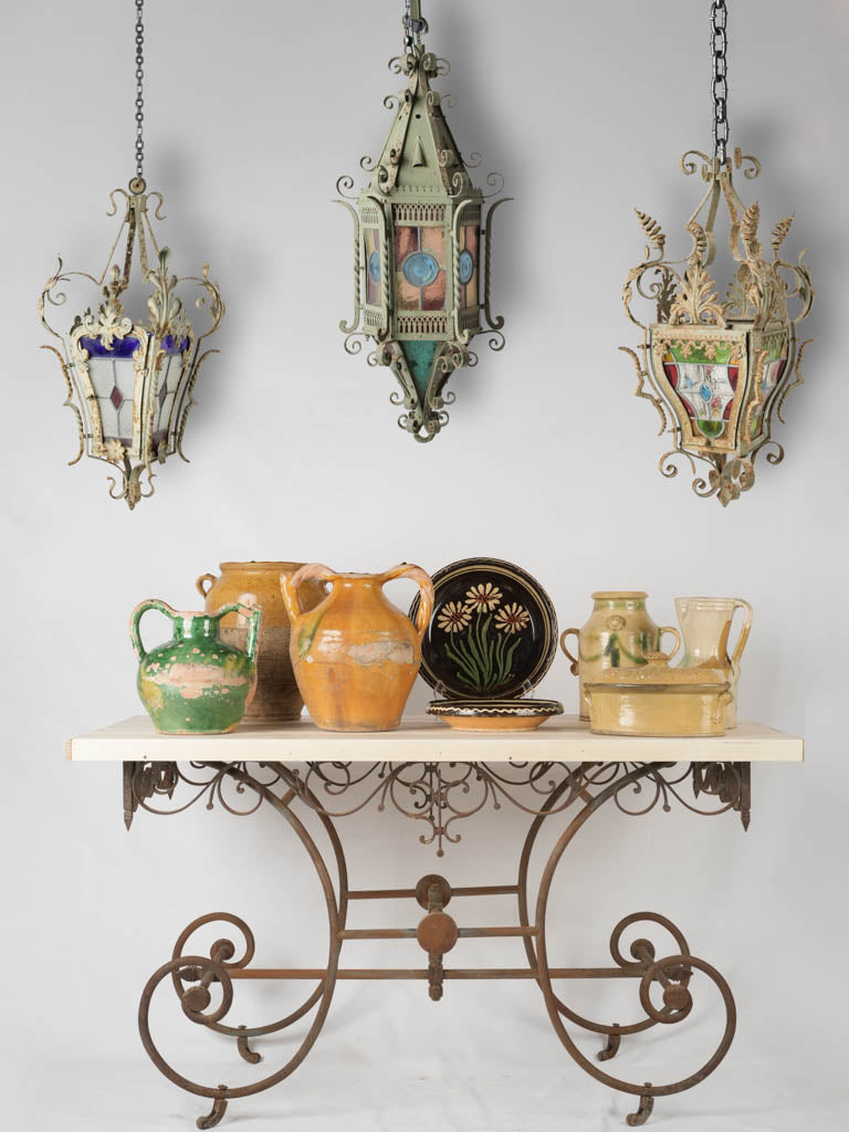 19th-century butcher's display table w/ wrought iron base & wood top 29¼"
