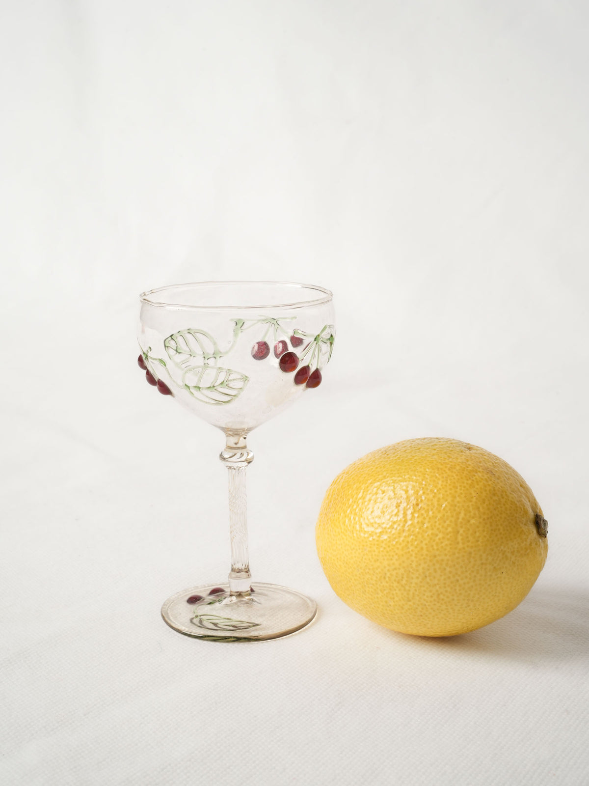 Vintage Bohemian Glass Coupe w/ Hand Enameled Cherries 4¼"