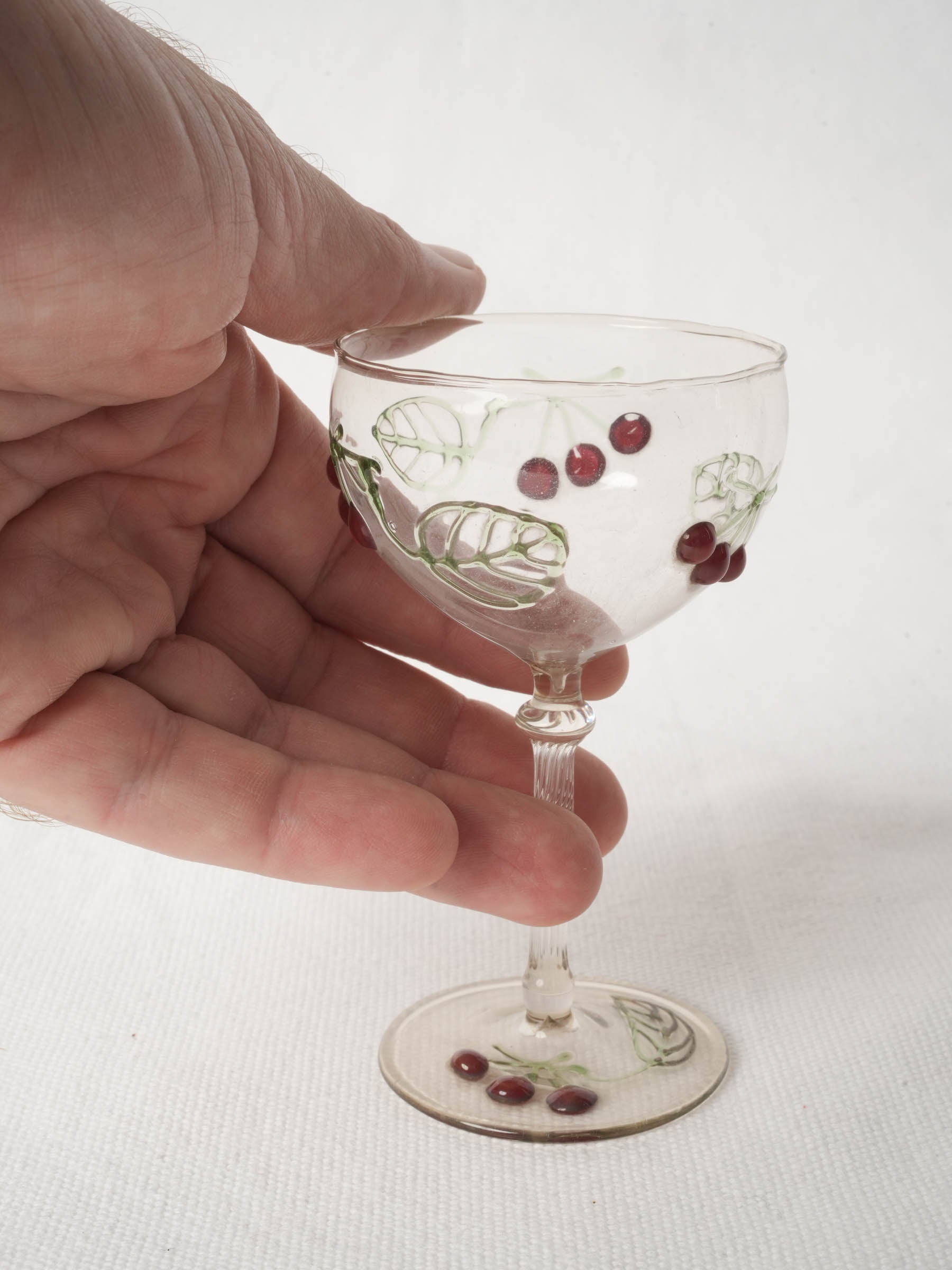 Vintage Bohemian Glass Coupe w/ Hand Enameled Cherries 4¼"