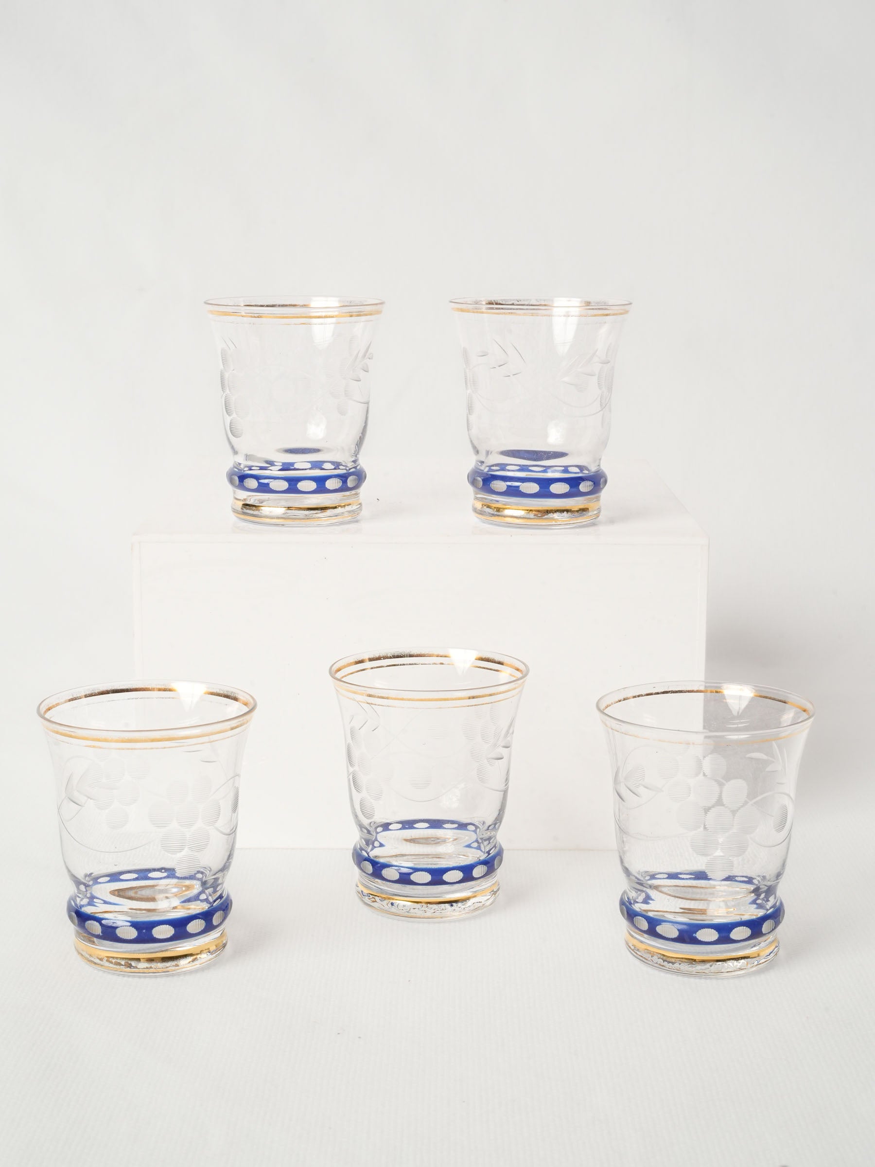 Set of Six Vintage Blue Etched Apéritif Glasses from Paris 1950s