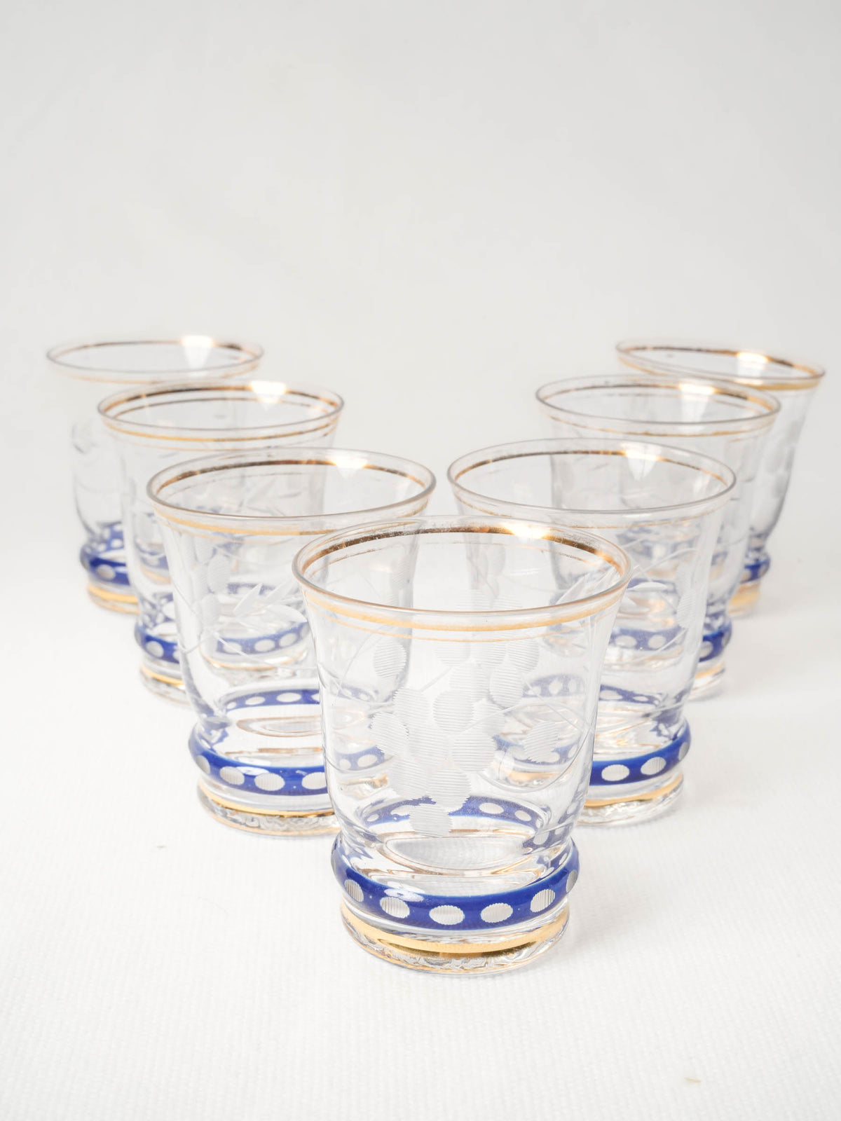 Set of Six Vintage Blue Etched Apéritif Glasses from Paris 1950s