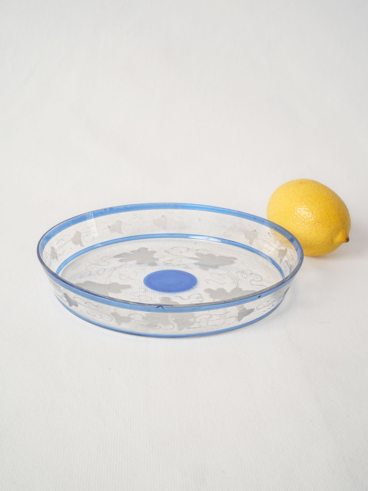 Vintage French Glass Dish w/ Blue Rim & Etched Décor 8"