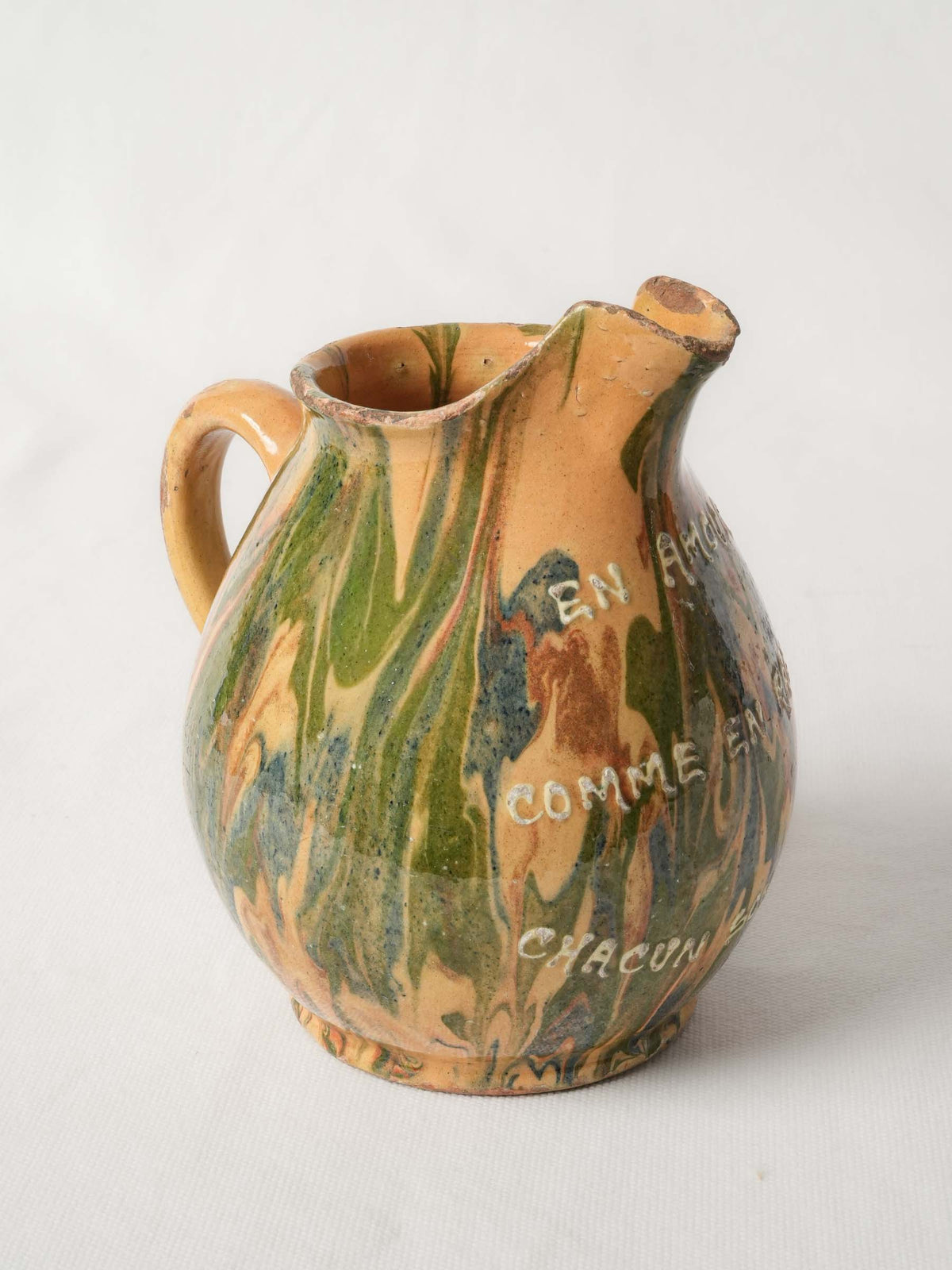 Early 20th Century French Earthenware Jug with Marbled Glaze