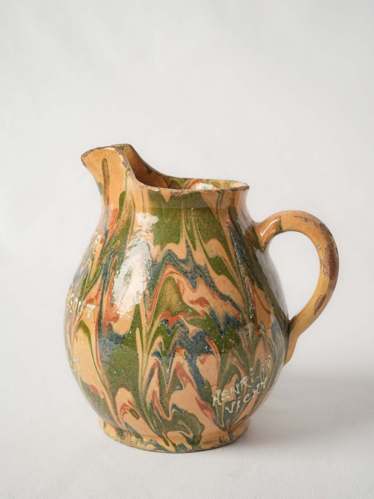 Early 20th Century French Earthenware Jug with Marbled Glaze