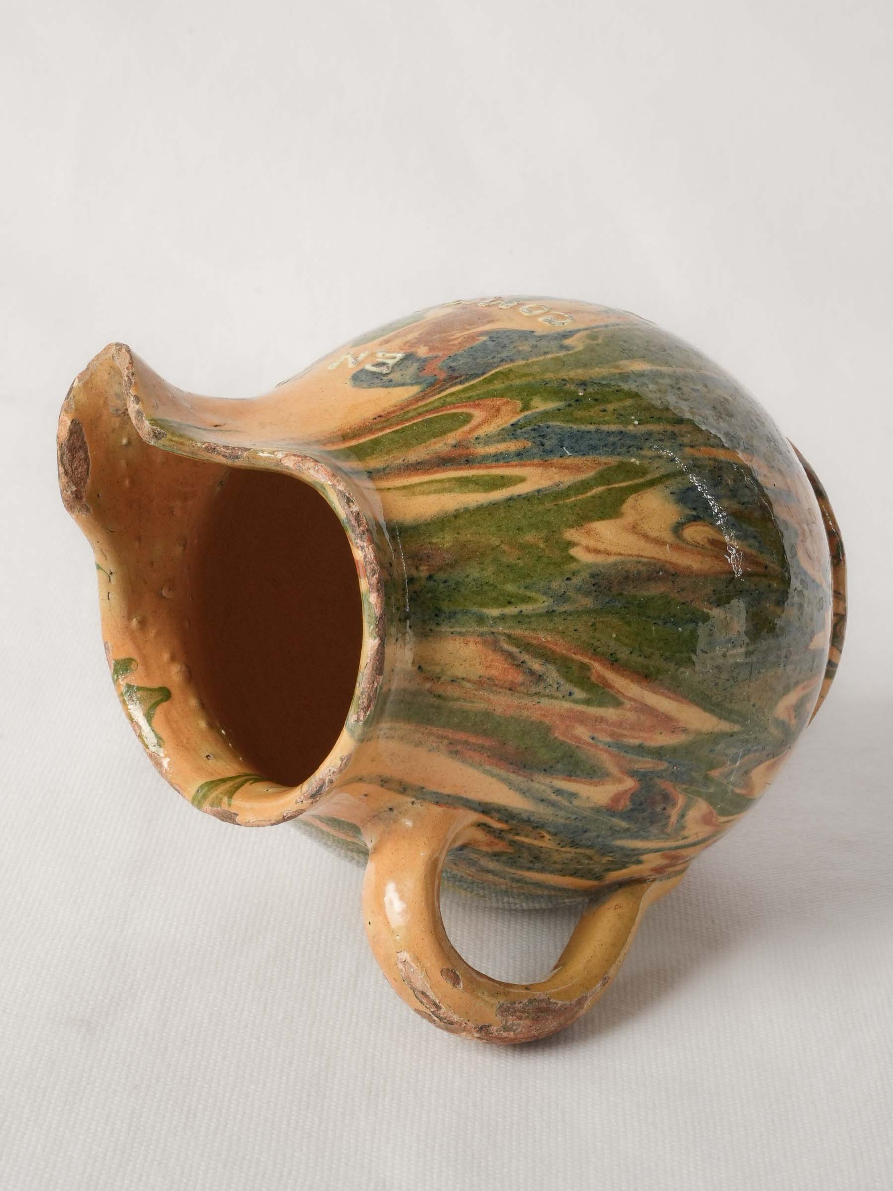 Early 20th Century French Earthenware Jug with Marbled Glaze
