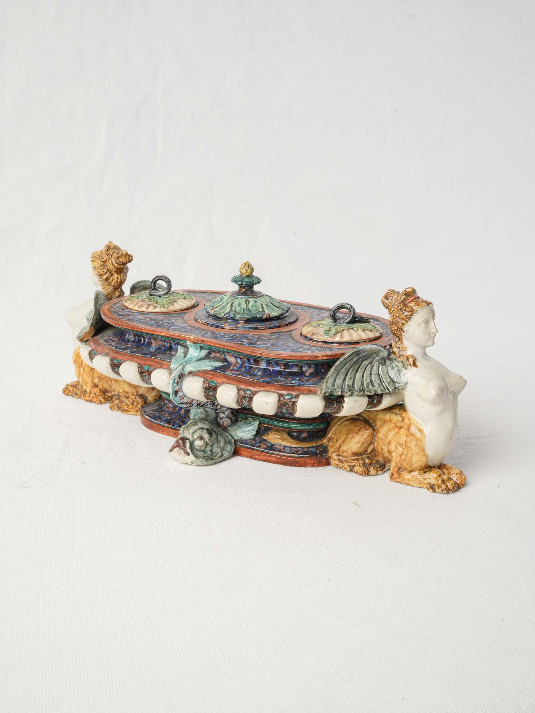 Rare Palissy-Style Earthenware Inkstand with Sphinxes by Thomas Sergent - 13"