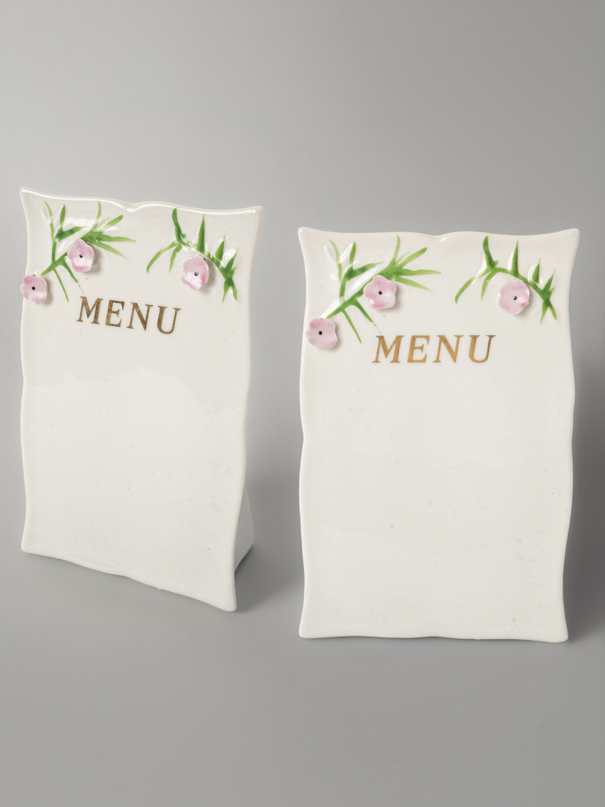 Pair of Vintage Porcelain Menu Plaques with Floral Relief