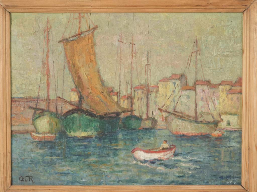 Serene coastal village artwork