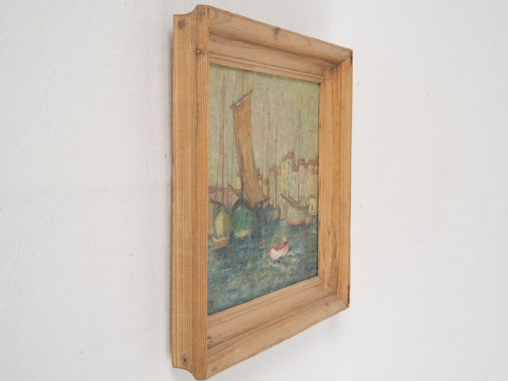 Green ochre sailboats painting