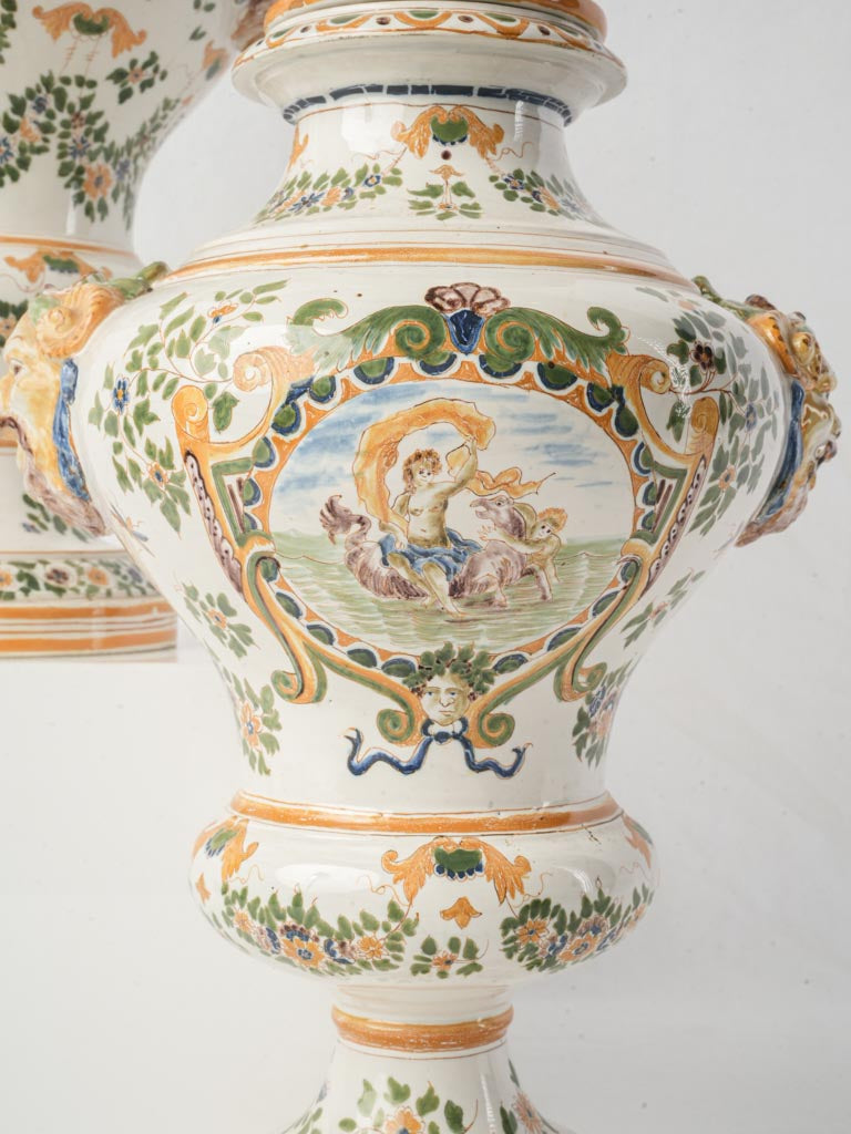 Pair of Covered Urns in the Moustiers Style - Samson Atelier Late 19th Century- 14¼"