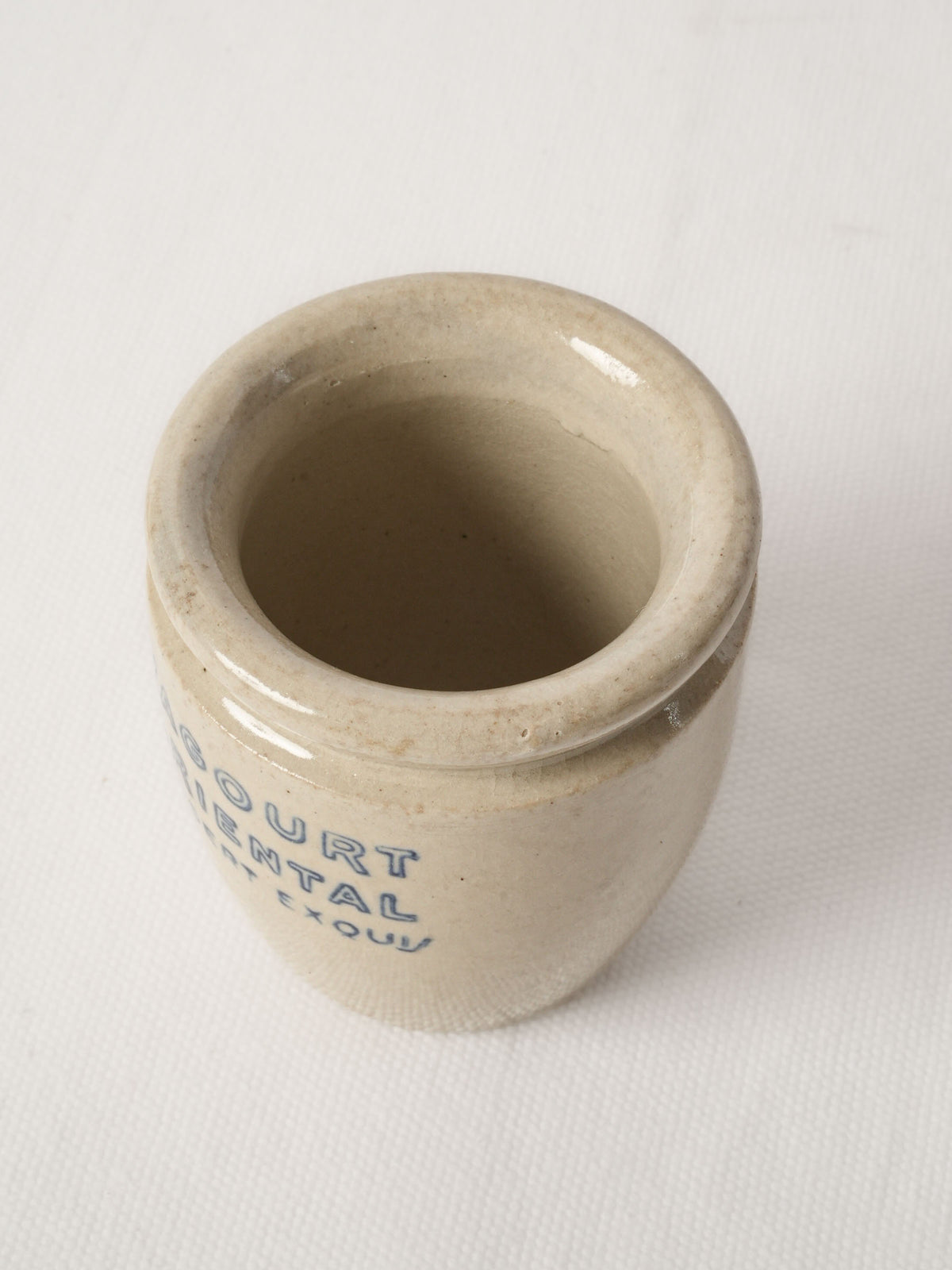 Antique French Ceramic Yogurt Pot w/ Blue Lettering 3½"