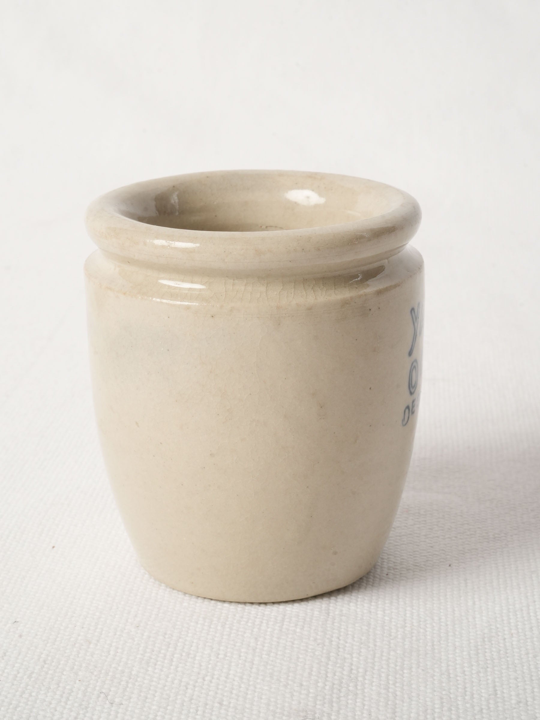 Antique French Ceramic Yogurt Pot w/ Blue Lettering 3½"
