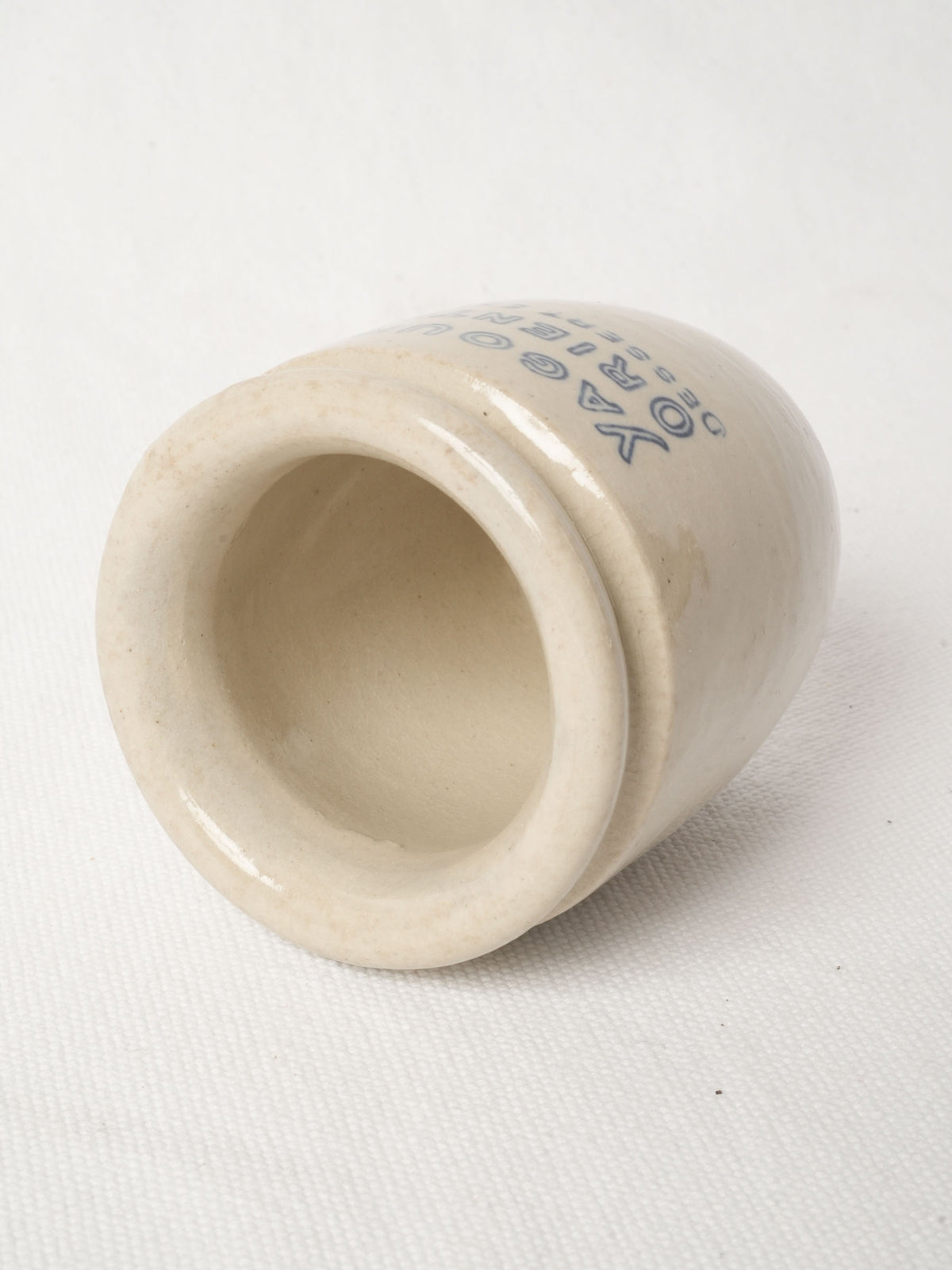 Antique French Ceramic Yogurt Pot w/ Blue Lettering 3½"
