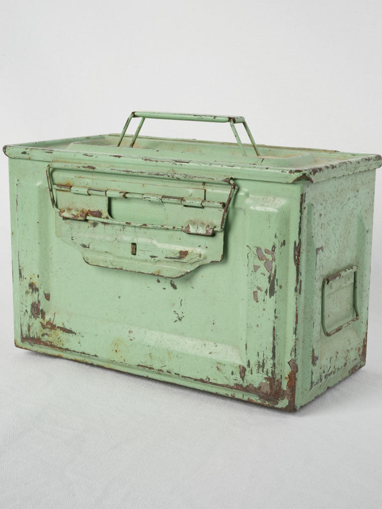 Aged timeworn spearmint storage container | Vintage military first aid box w/ green patina & red cross - Pharmacie 12¼" x 6¾