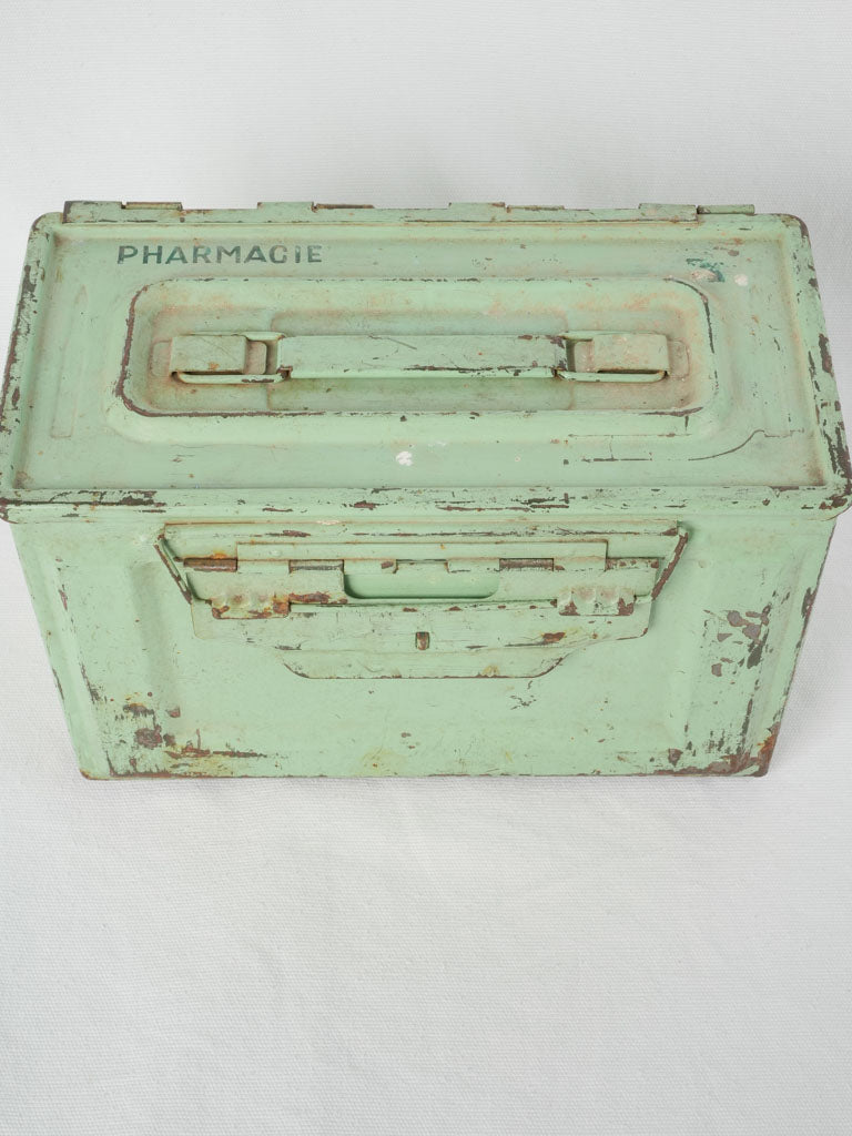 Historical spearmint green first aid container | Vintage military first aid box w/ green patina & red cross - Pharmacie 12¼" x 6¾