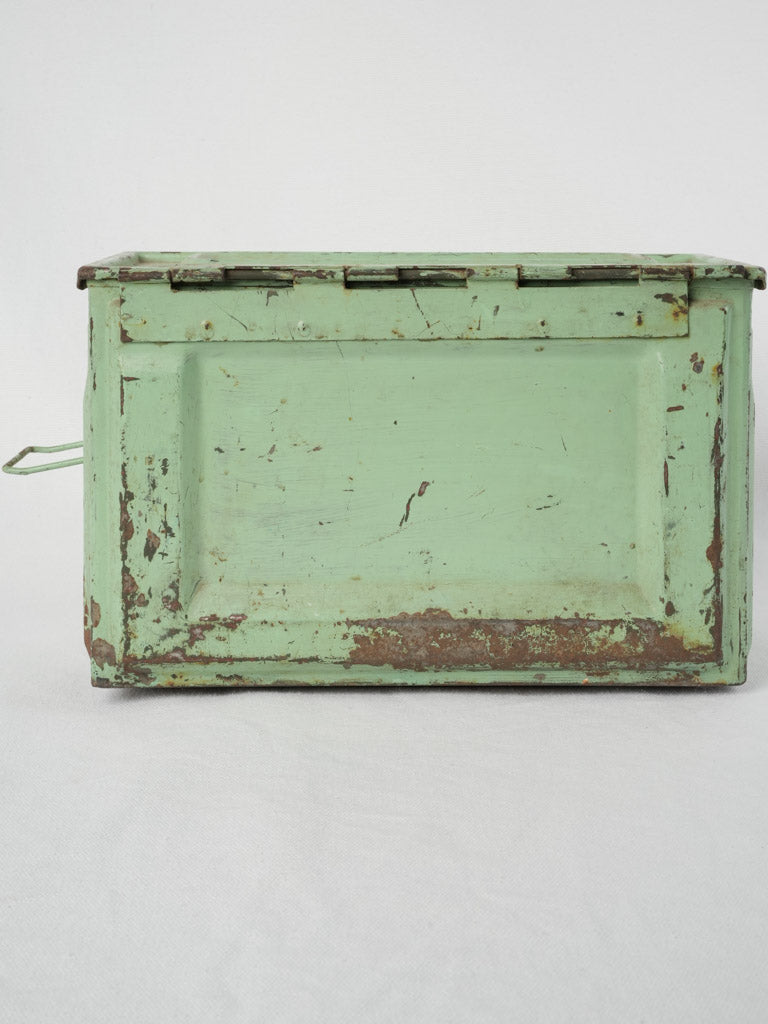 Worn military medic storage container | Vintage military first aid box w/ green patina & red cross - Pharmacie 12¼" x 6¾