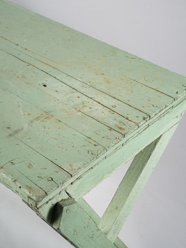 Early 20th Century French Rustic Wooden Table And Bench W/ Original Mint Green Patina - 49½"