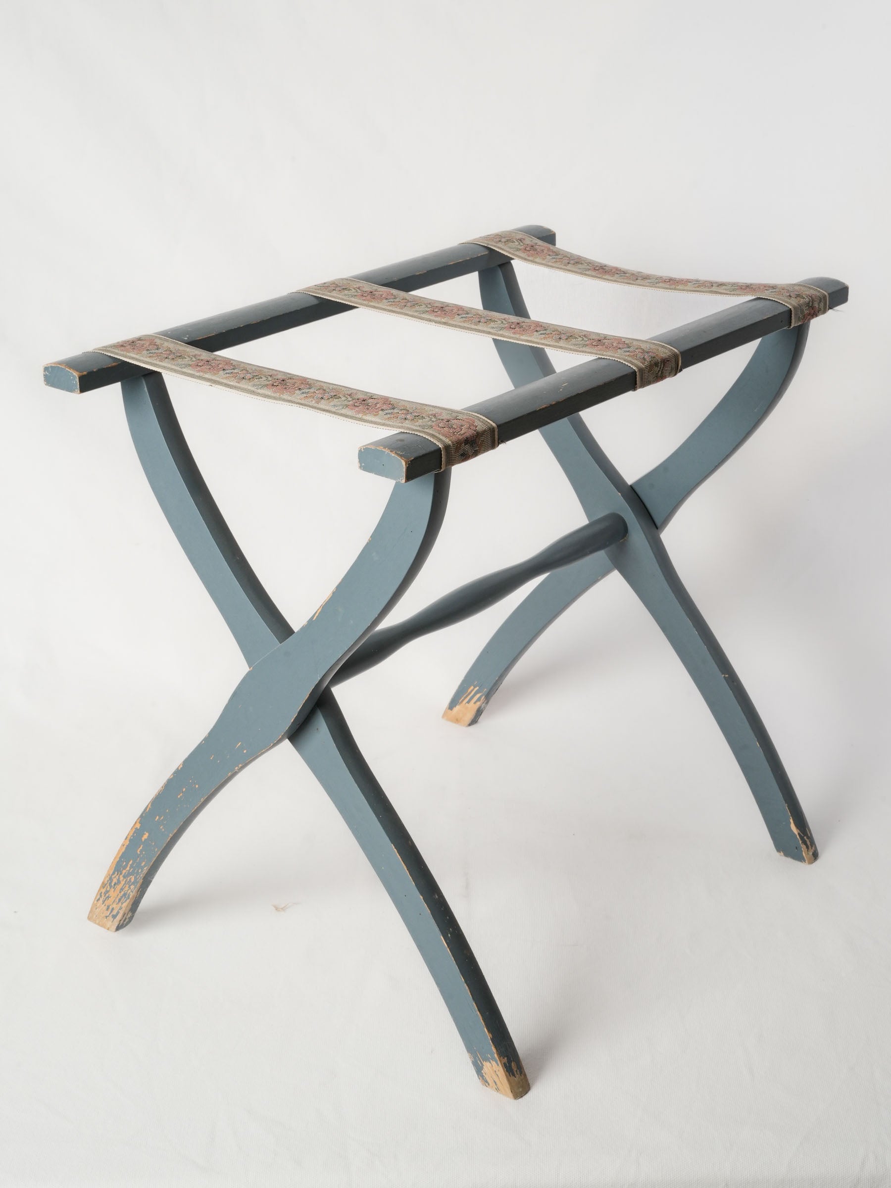 Vintage Wooden Folding Suitcase Stand w/ Blue Gray Paint & Floral Straps