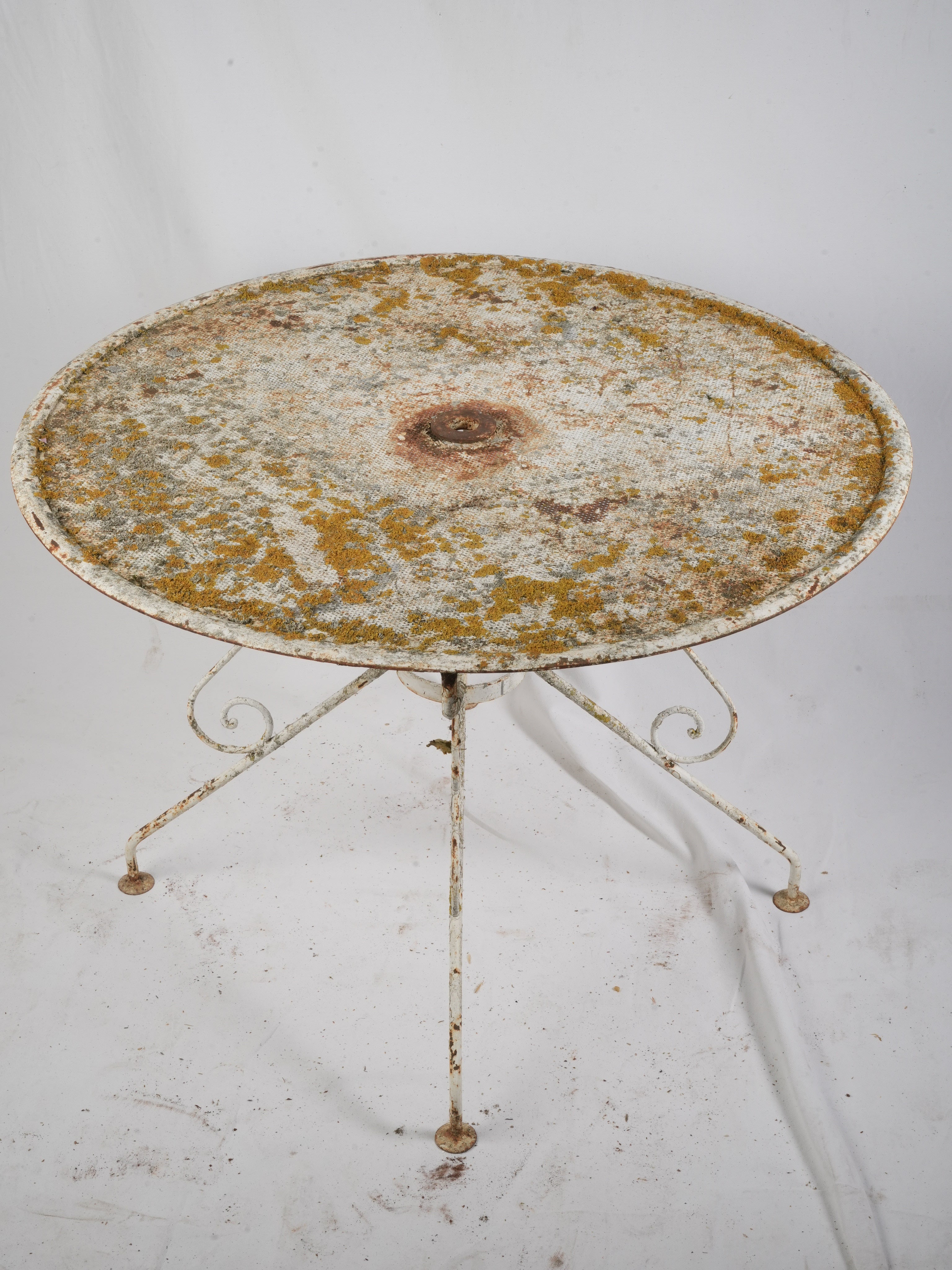 Early 20th Century French Wrought Iron Garden Table W/ Striking Lichen Patina - 39½"