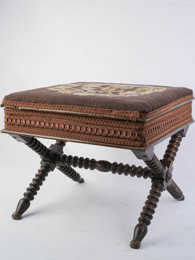 Rustic floral needlepoint footstool