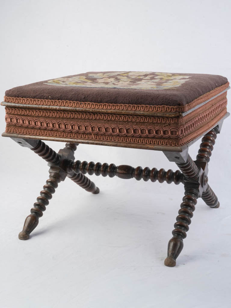 Richly patinated needlepoint seat stool