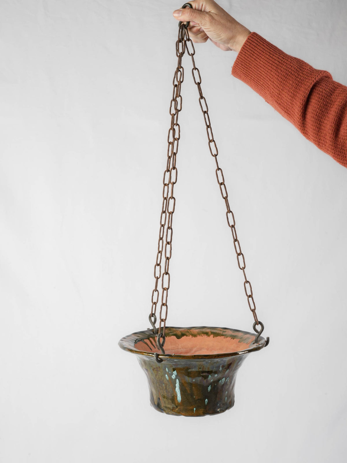 Vintage Artisan Hanging Ceramic Planter with Turquoise-Speckled Brown Glaze