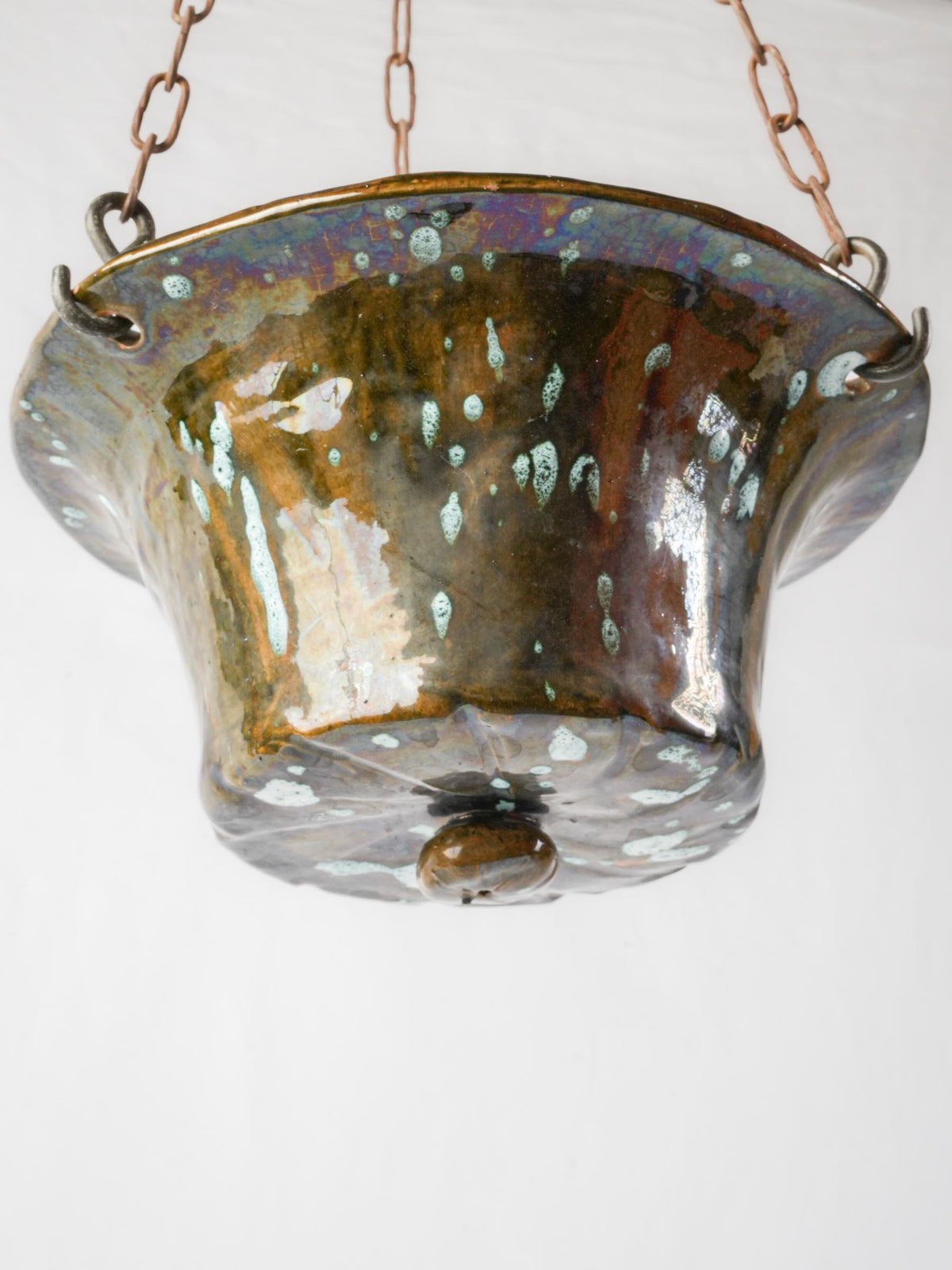 Vintage Artisan Hanging Ceramic Planter with Turquoise-Speckled Brown Glaze